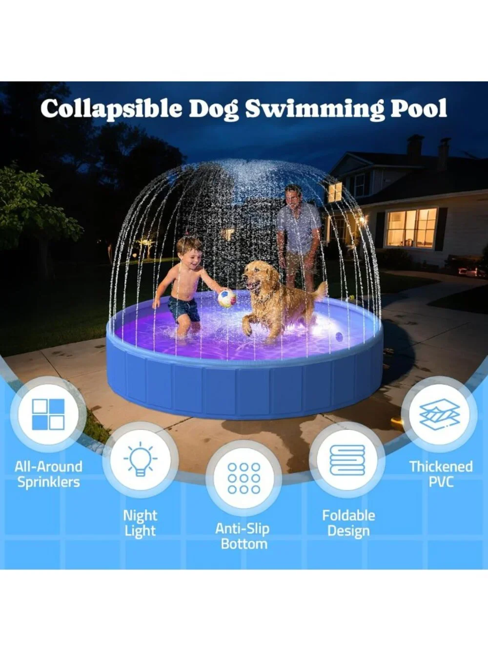 72” Foldable Dog Pool with Sprinkler & LED Light - Portable Pet Bathing Tub for
